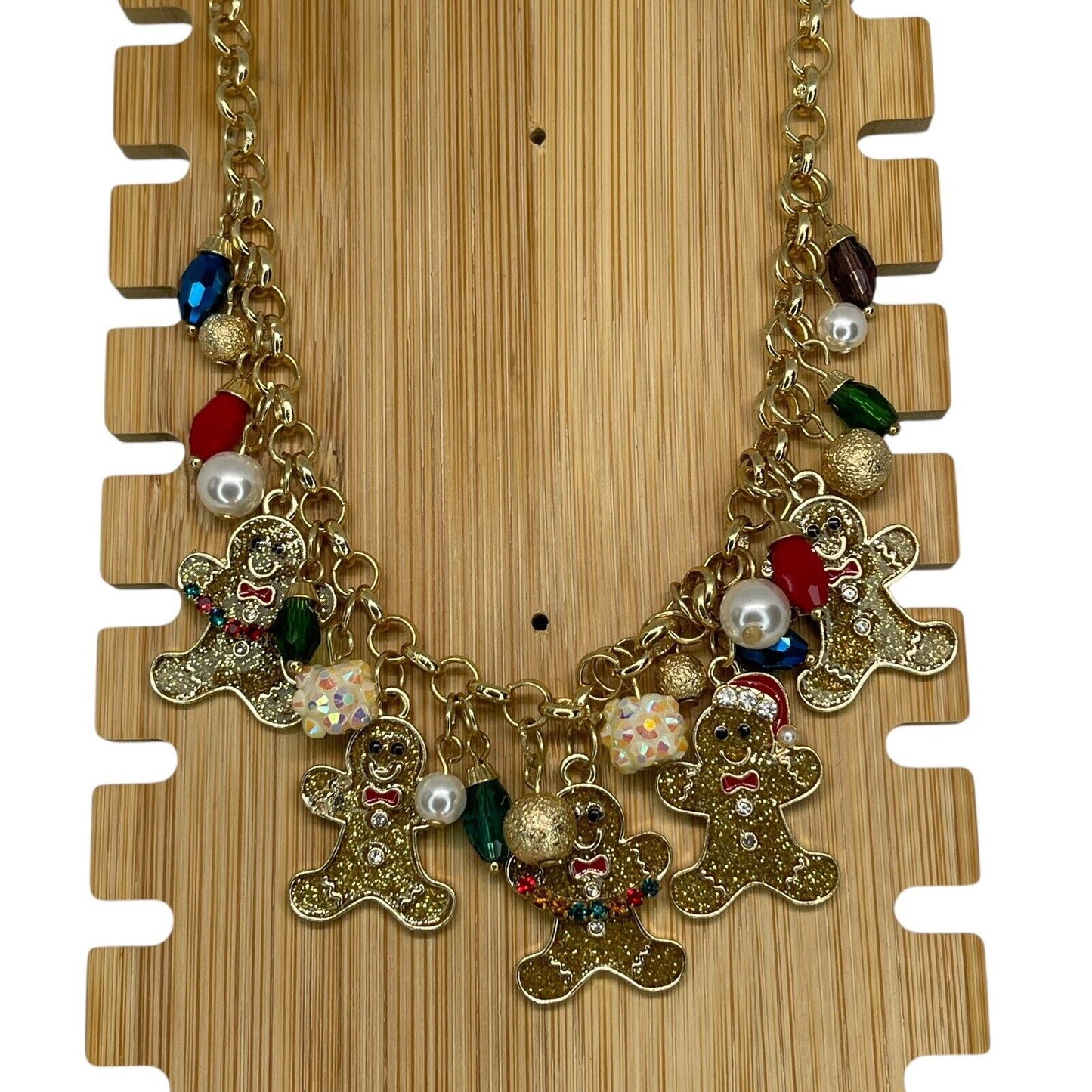 Gold Tone Faux Pearl Gingerbread Man Necklace Christmas Holiday Elegant Xmas NWT