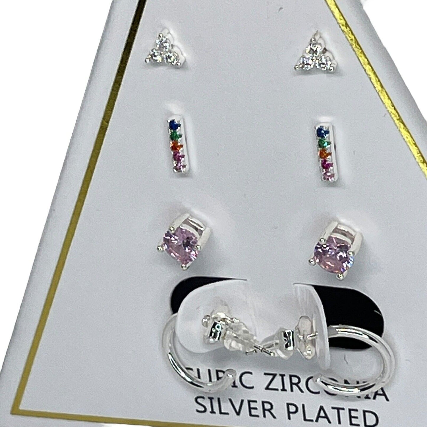 Silver Plated CZ Earrings 4pc Set Elegant Xmas Ornament Gift Box Trendy Chic NWT