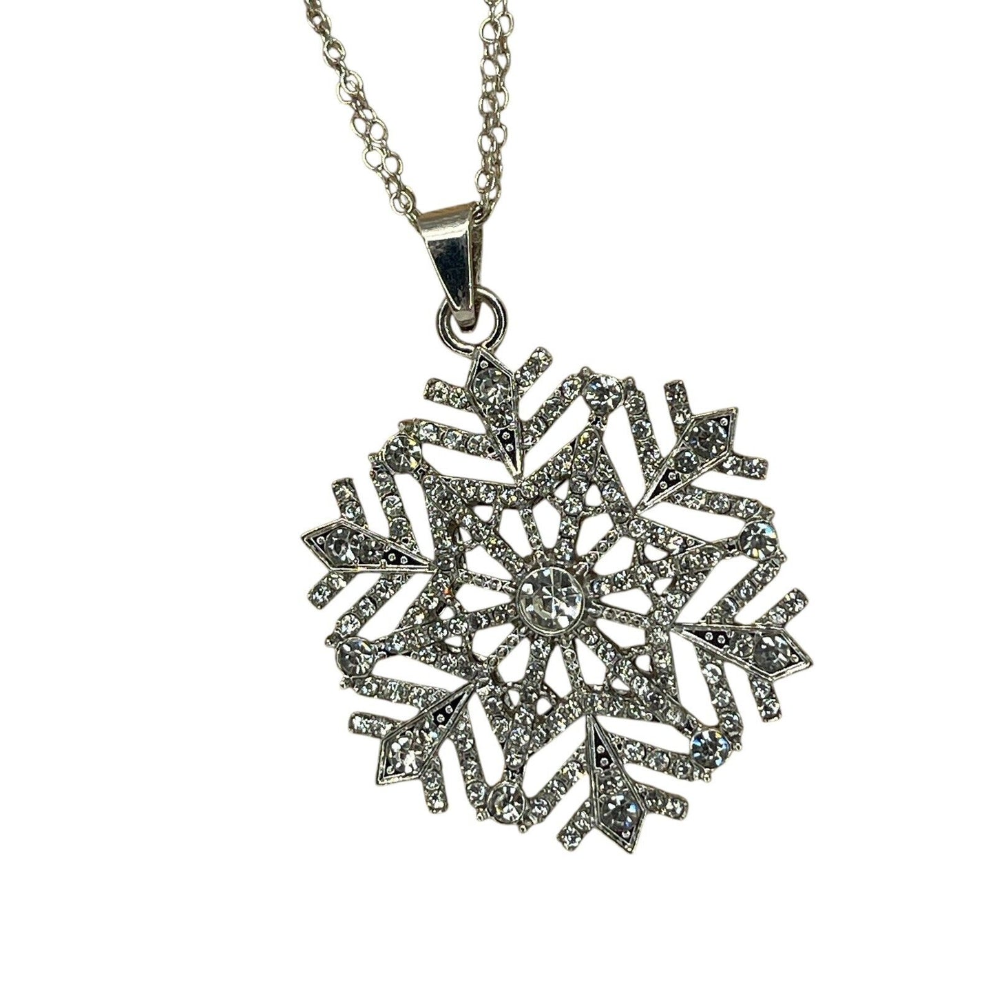 Silver Tone Crystal Snowflake Pendant Necklace 36” Christmas Holiday Stunning