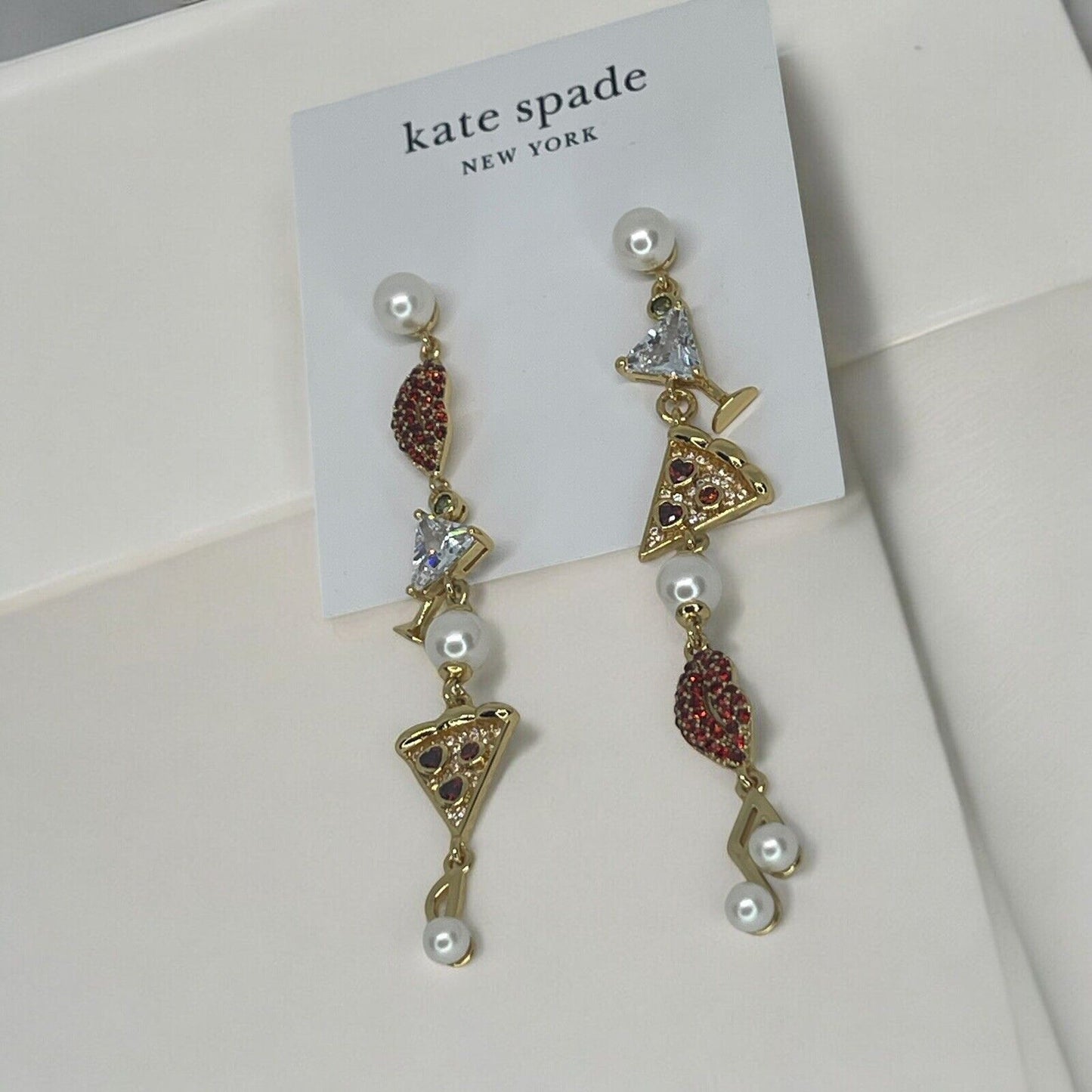 Kate Spade Faux Pearl Hit The Town Earrings Gold Tone CZ Linear Chic Trendy NWT