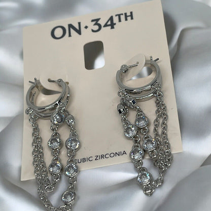 Silver Tone CZ Chain Drop Earrings Statement Chic Stunning Trendy Fashion Style