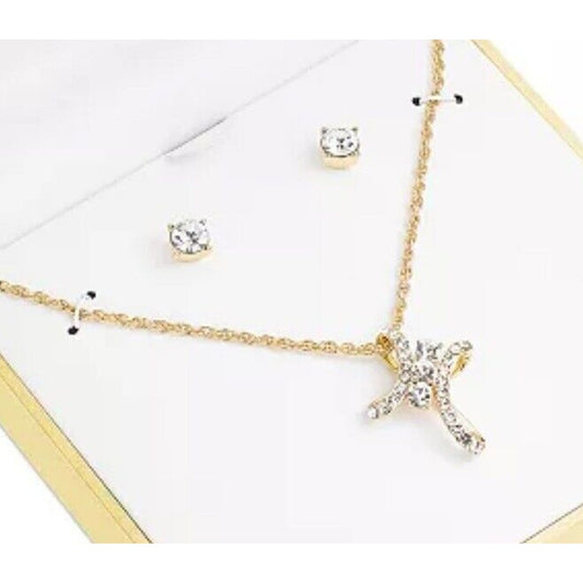 Gold Tone Crystal Cross Pendant Necklace Earrings (2pc Set) Solitaire Studs Vday