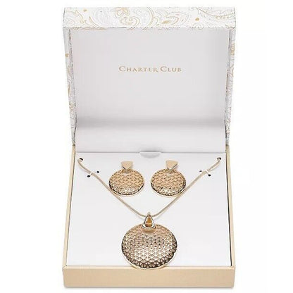 Gold Tone Disc Drop Pendant Necklace Earrings (2pc Set) Textured Statement Chic