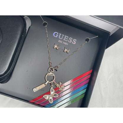 Guess Silver Tone Butterfly Charm Necklace Earrings (3pc Set) Trendy Style Vday