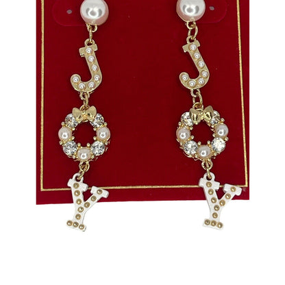 Gold Tone Crystal Faux Pearl Xmas Joy Earrings Elegant Bow Holiday Christmas NWT