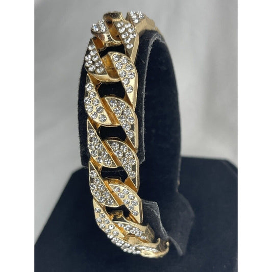 Gold Tone Crystal Chain Bracelet Men's Streetwear 8.5" Fashion Bling Glitz Style