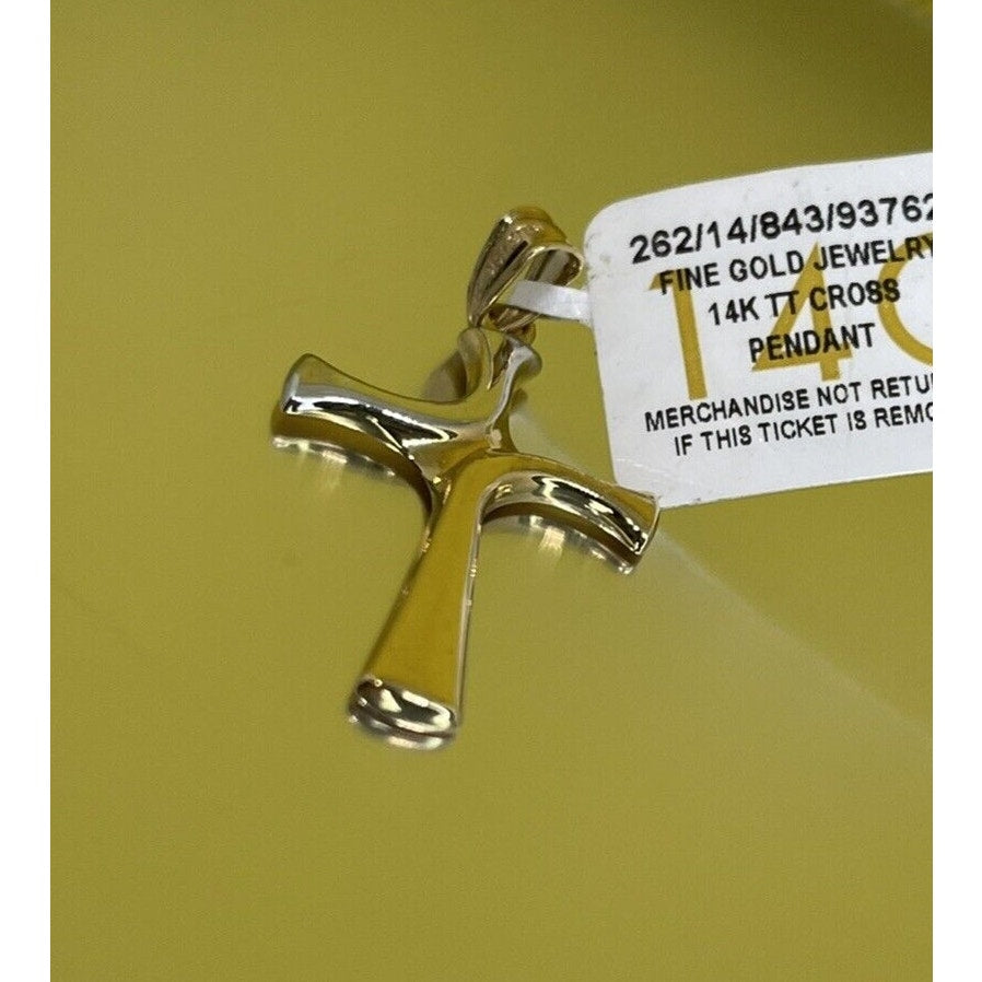 Solid 14K Gold Two Tone Cross Charm Pendant Faith Fashion Luxury Elegant NWT