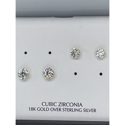 18K Gold Vermeil CZ Stud Earrings 2pc Set Glitzy Fashion Style Trendy Bling NWT