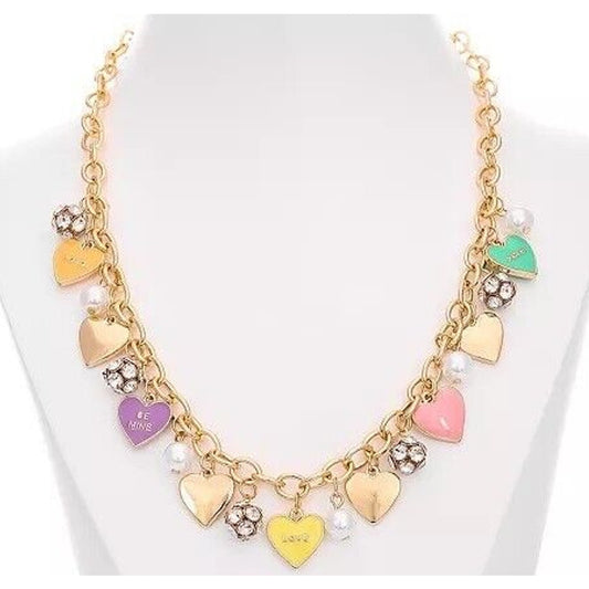 Gold Tone Crystal Heart Faux Pearl Charm Necklace Trendy Fashion Chic Style Vday