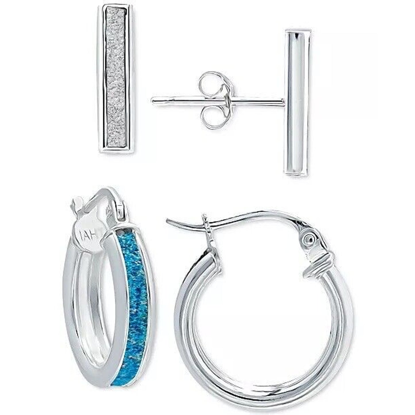 Sterling Silver Glitter Epoxy Earrings Stud Hoop (2pc Set) Stylish Glitzy Trendy