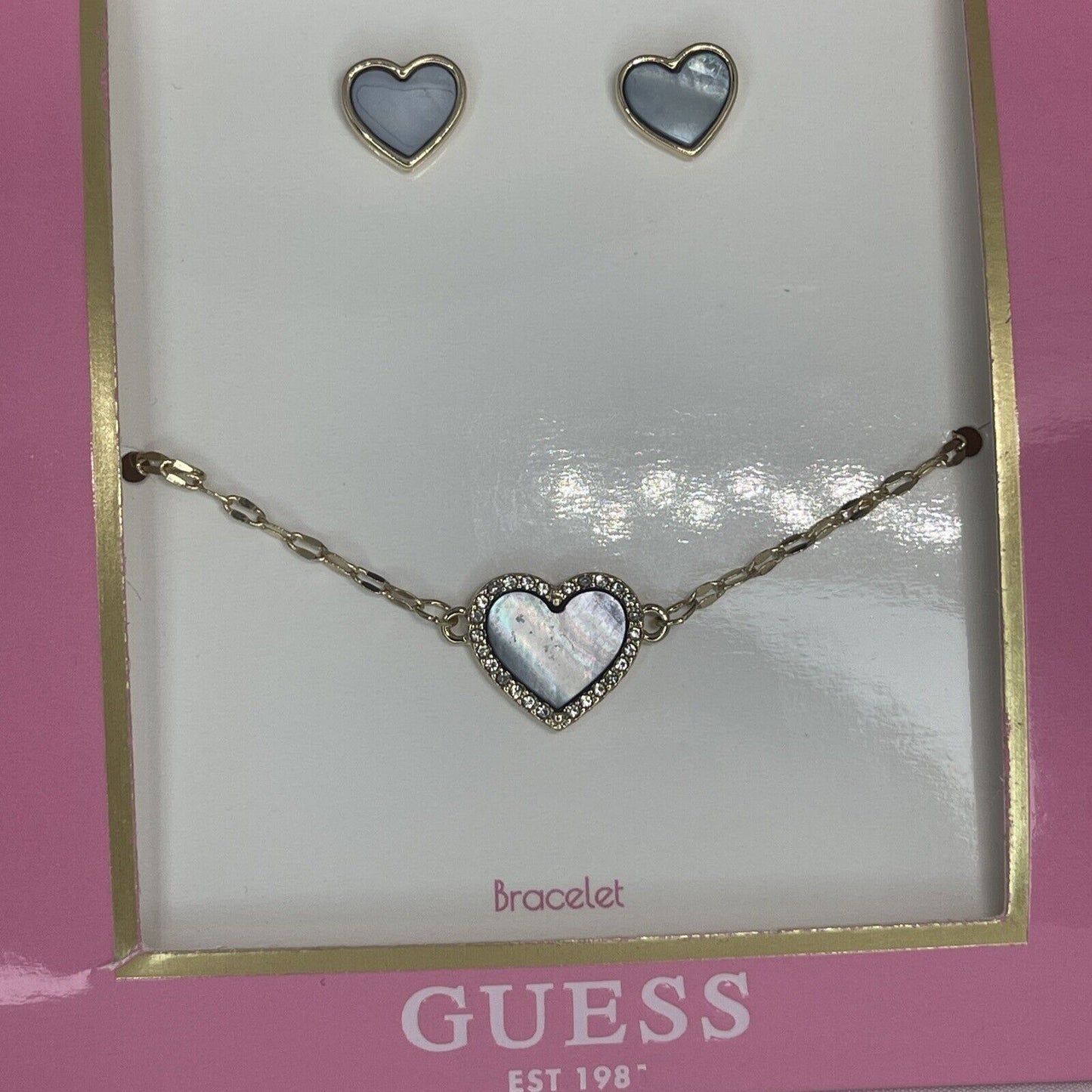 Guess Gold Tone Crystal Halo Heart Bracelet Earrings (2pc Set) Chic Trendy Vday