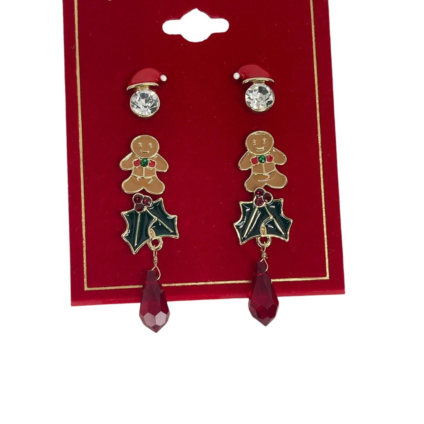 Gold Tone Xmas Crystal Earrings 3pc Set Gingerbread Man Santa Christmas Holidays