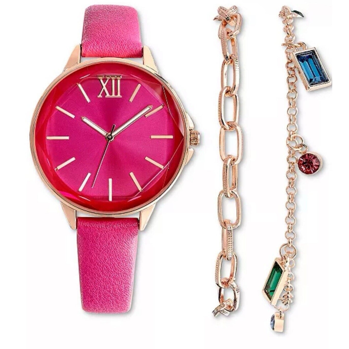 Gold Tone Faux Leather Pink Watch Bracelet (3pc Set) Stunning Style Trendy Vday