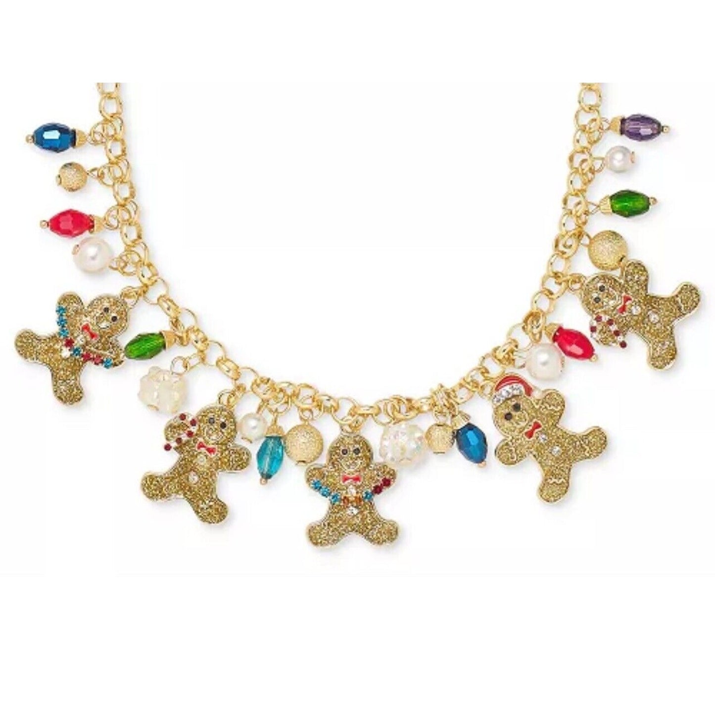 Gold Tone Faux Pearl Gingerbread Man Necklace Christmas Holiday Elegant Xmas NWT