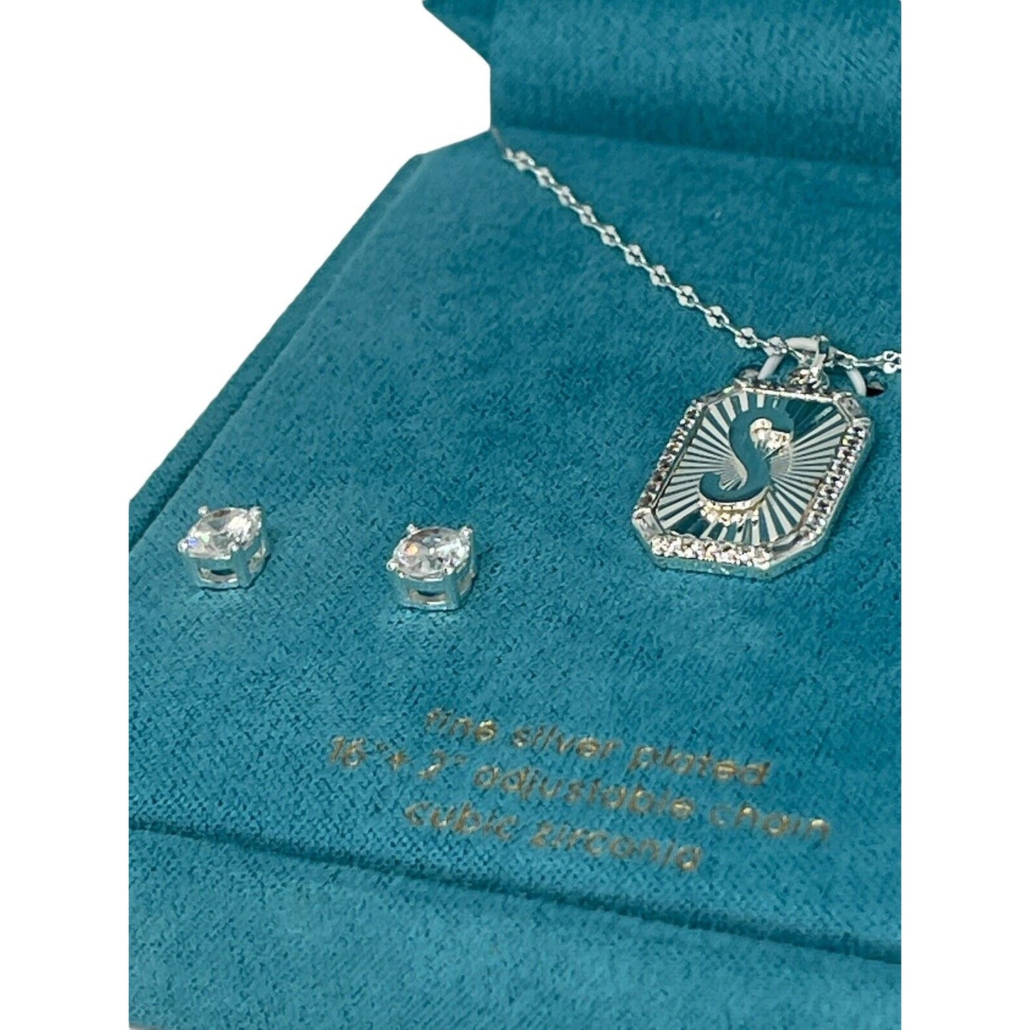 Silver Plated 'S' Initial Charm Necklace Earrings (2pc Set) Solitaire Stud Vday