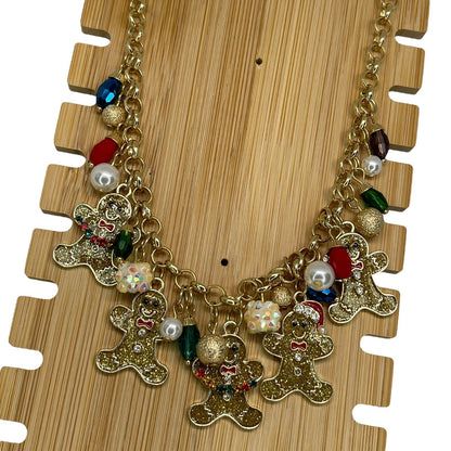 Gold Tone Faux Pearl Gingerbread Man Necklace Christmas Holiday Elegant Xmas NWT