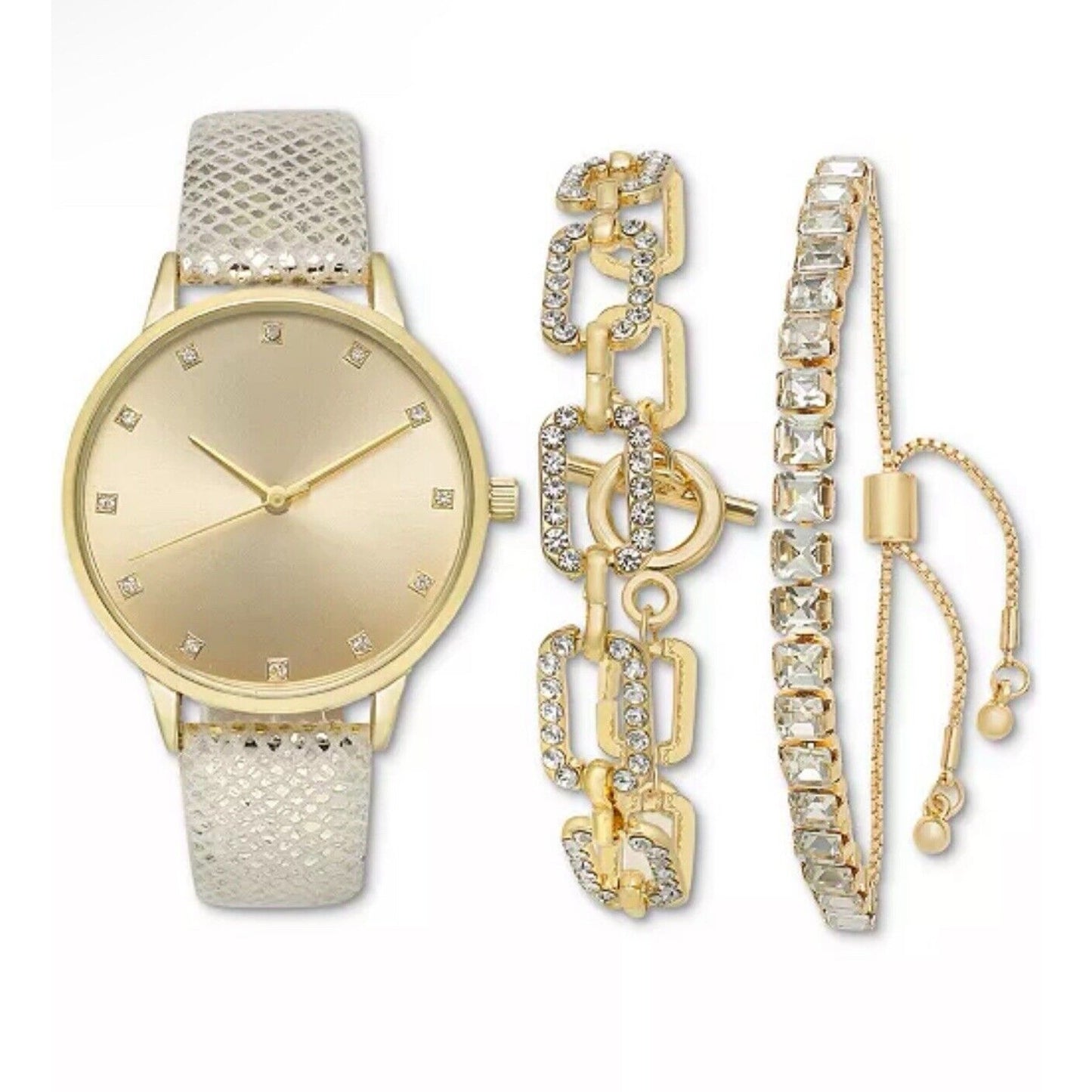 Gold Tone Snake Print Heart Bracelet Watch (3pc Set) Stunning Style Trendy Vday