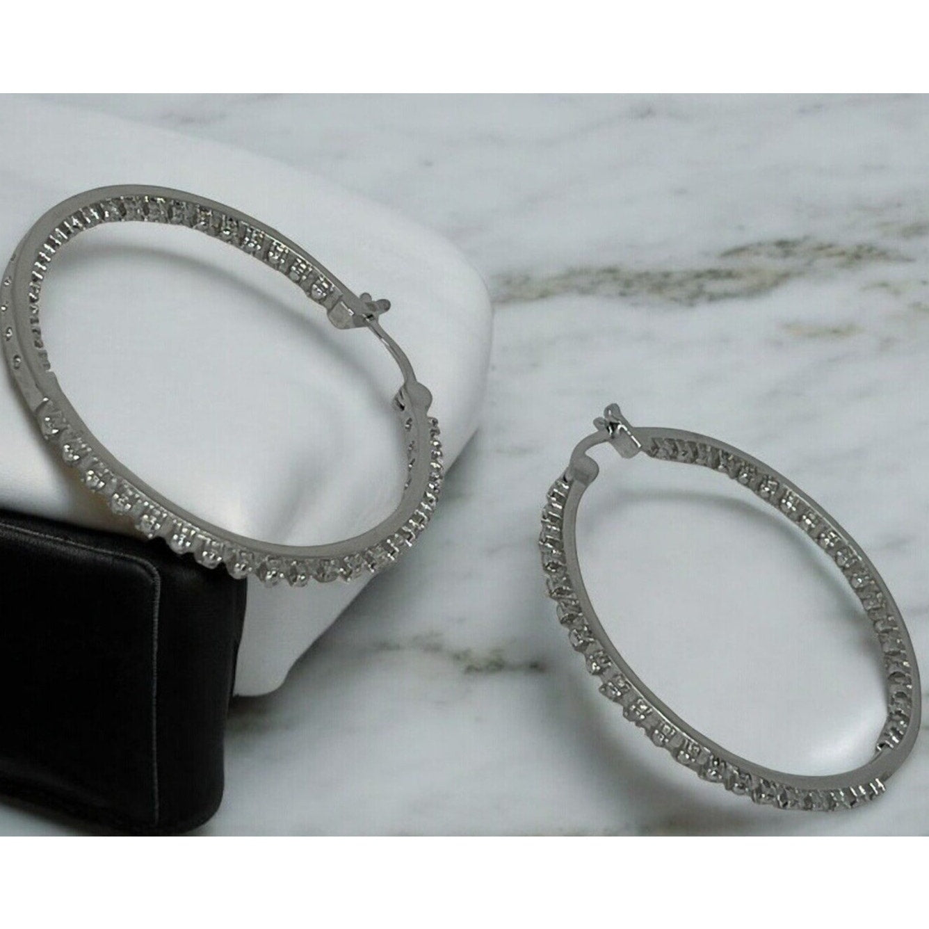 Diamond Accent Silver Plate Hoop Earrings Stunning Elegant Shiny Fashion Bling