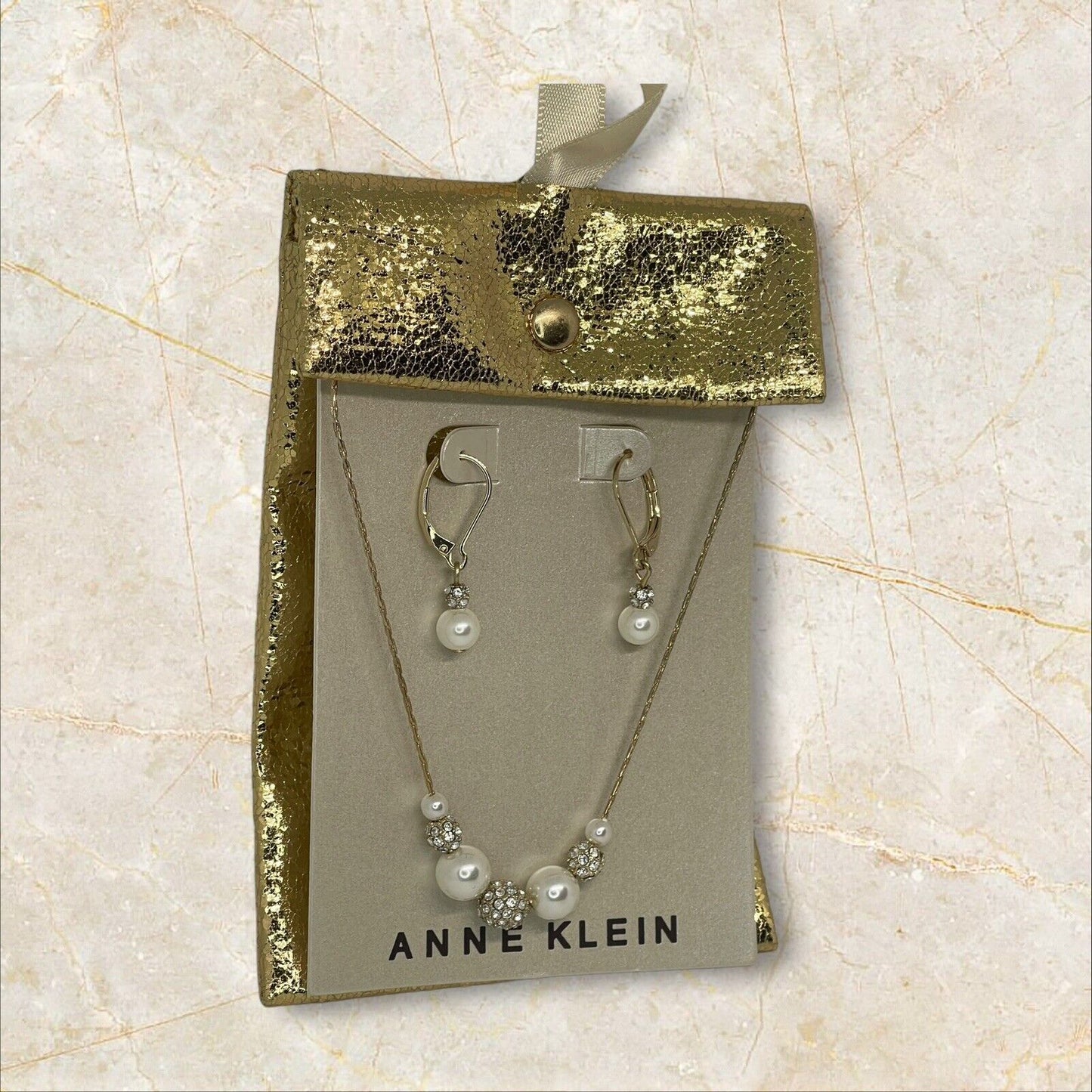 Anne Klein Intricate Faux Pearl Necklace Earrings 2 Pc Set Crystal Gold Tone NWT