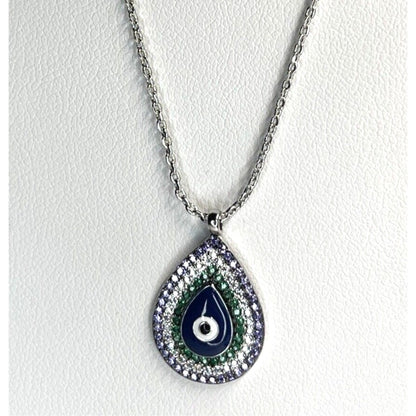 Silver Plated CZ Evil Eye Necklace Intricate Teardrop Style Trendy Stunning Chic