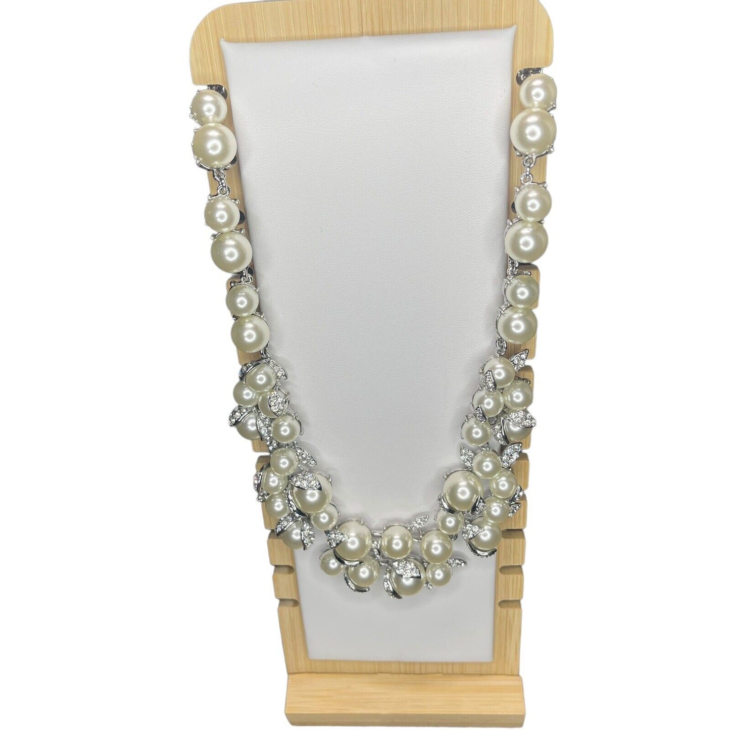 Silver Tone Faux Pearl Crystal Necklace Statement Stunning Elegant Chic Fashion