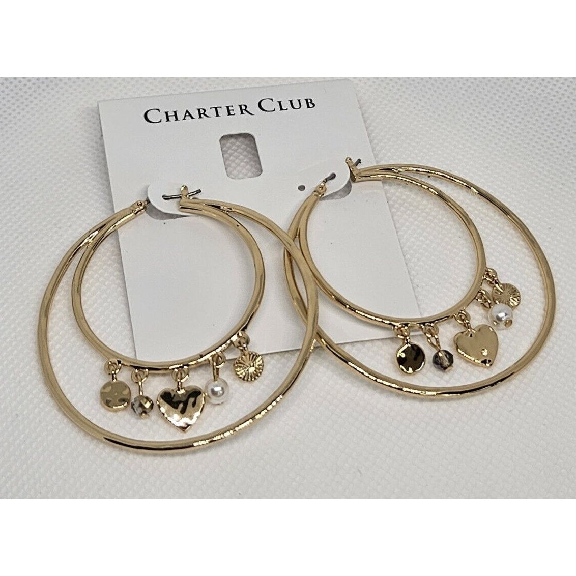 Gold Tone Double Hoop Faux Pearl Earrings Heart Charm Chic Trendy Fashion Style