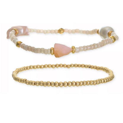 Gold Tone Faux Pearl Crystal Bracelet (4pc Set) Trendy Fashion Chic Stacking NWT