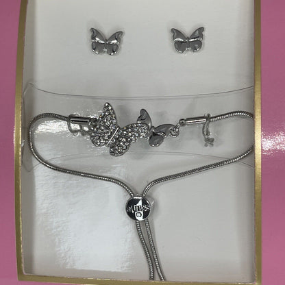 Guess Silver Tone Butterfly Bracelet Earrings (2pc Set) Fashion Chic Trendy Vday