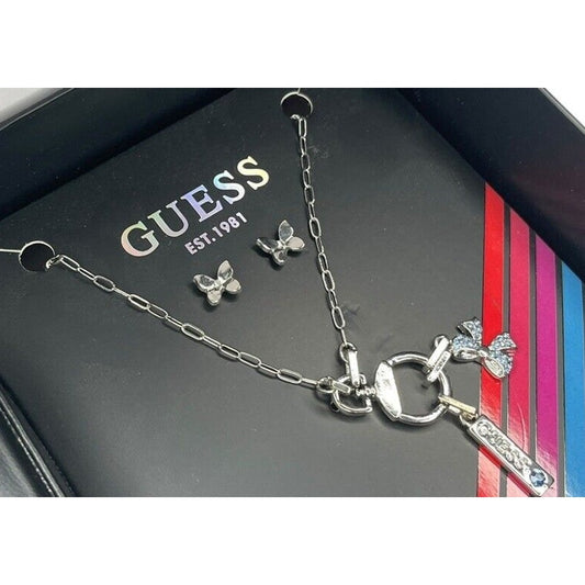 Guess Silver Tone Charm Necklace Earrings (3pc Set) Travel Case Chic Trendy Vday