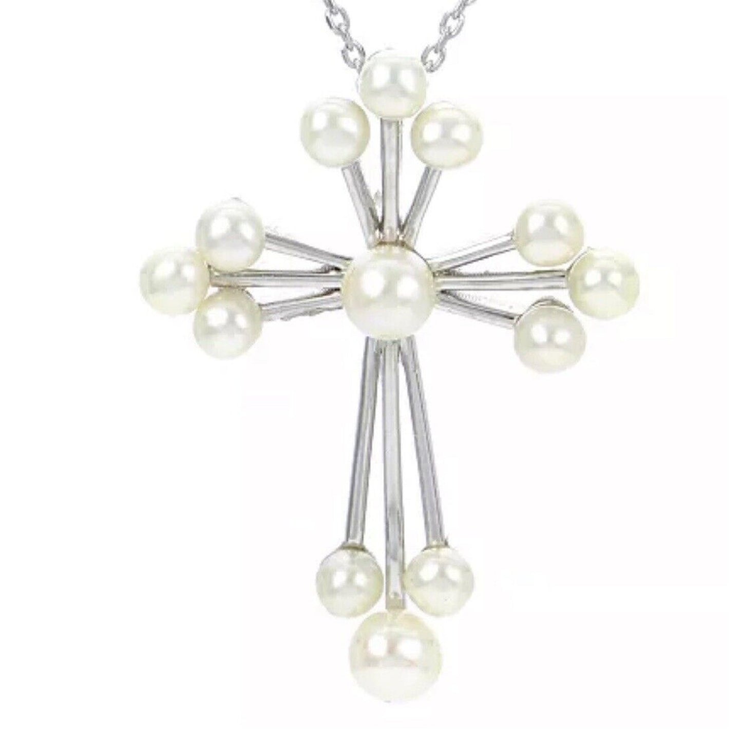 Pearl (3-4.5mm) Sterling Silver Cross Pendant Necklace Luxury Stunning Intricate