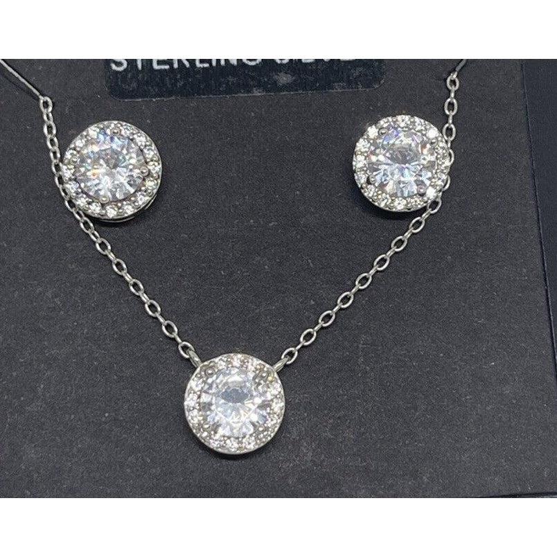 Sterling Silver CZ Necklace Earrings (2pc Set) Chic Glitz Trendy Stylish Vday