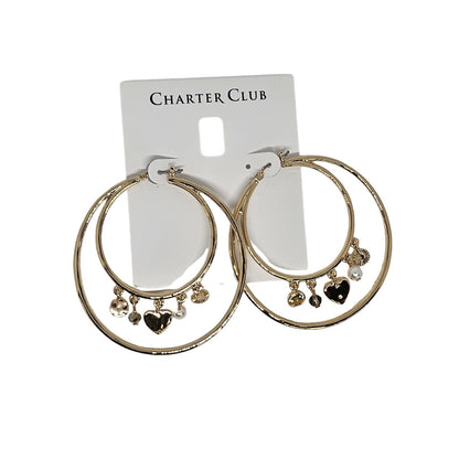 Gold Tone Double Hoop Faux Pearl Earrings Heart Charm Chic Trendy Fashion Style