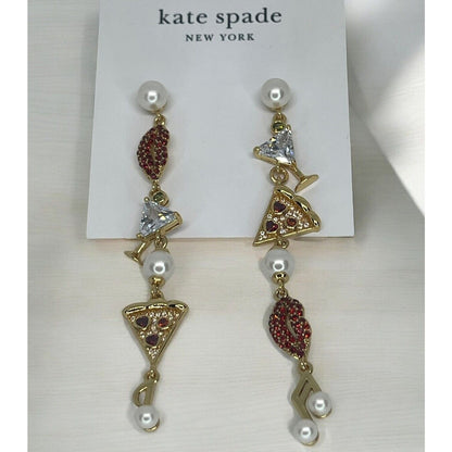 Kate Spade Faux Pearl Hit The Town Earrings Gold Tone CZ Linear Chic Trendy NWT