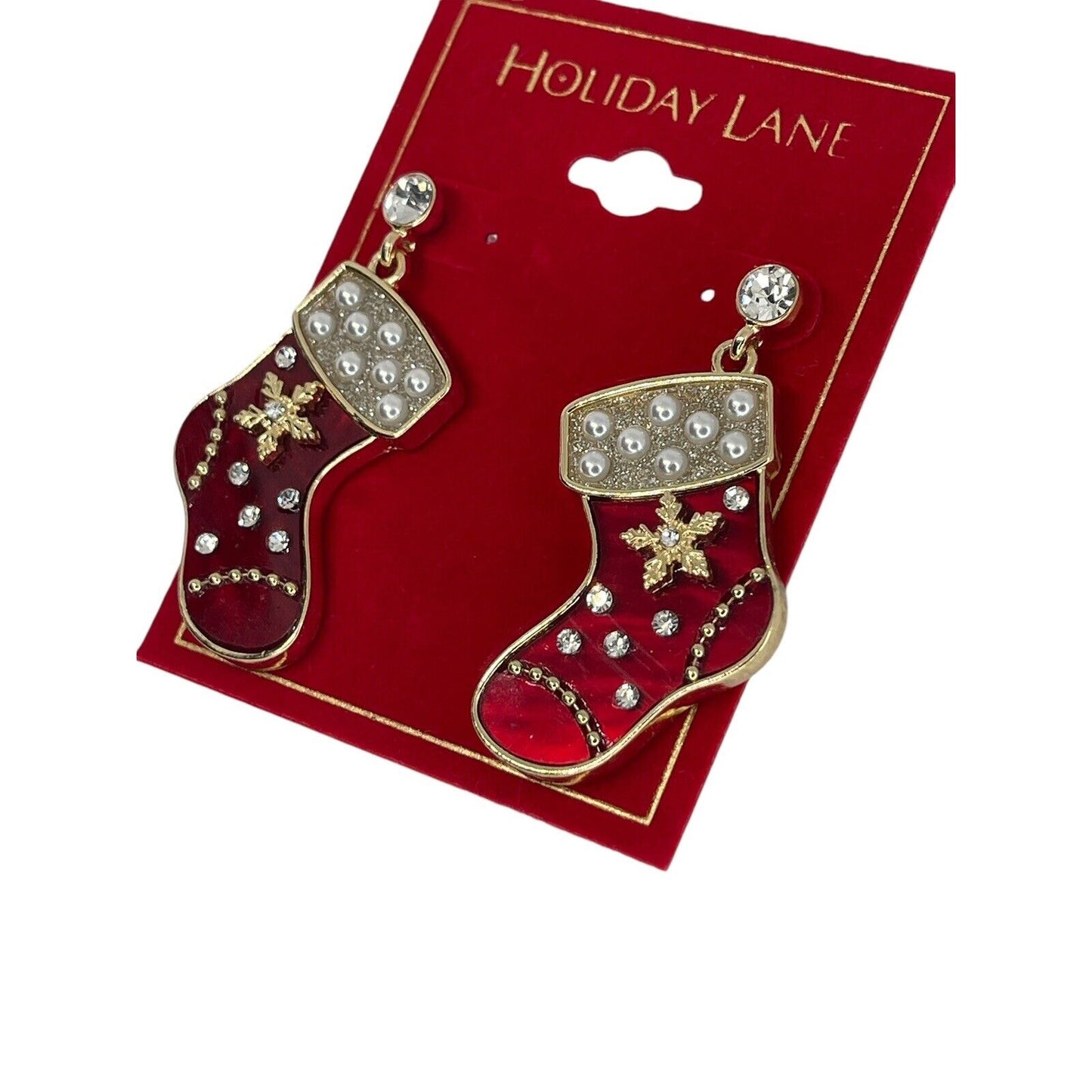 Gold Tone Crystal Xmas Stocking Earrings Faux Pearl Elegant Holidays Christmas