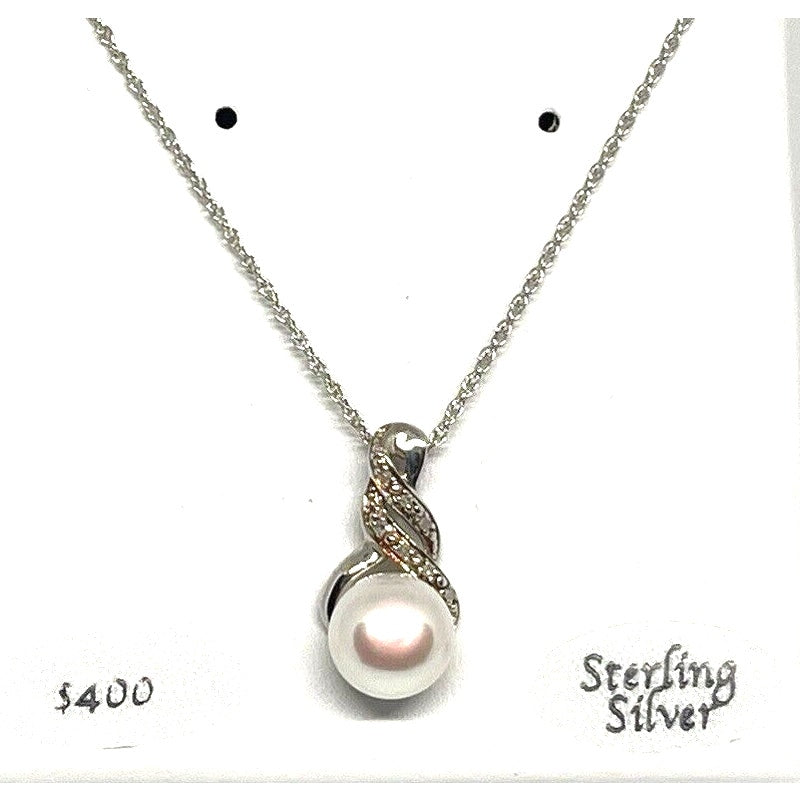 Natural Diamond Pearl (9mm) Necklace Sterling Silver Luxury Fashion Chic Elegant