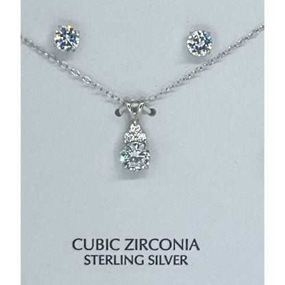 Sterling Silver CZ Necklace Earrings (2pc Set) Stunning Fashion Trendy NWT Vday