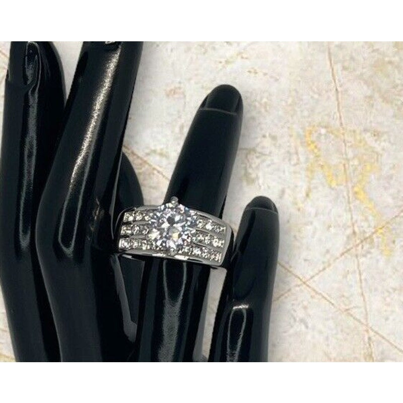 Silver Plated CZ Triple Row Ring (Sz 9) Statement Chic Shiny Trendy Stunning NWT