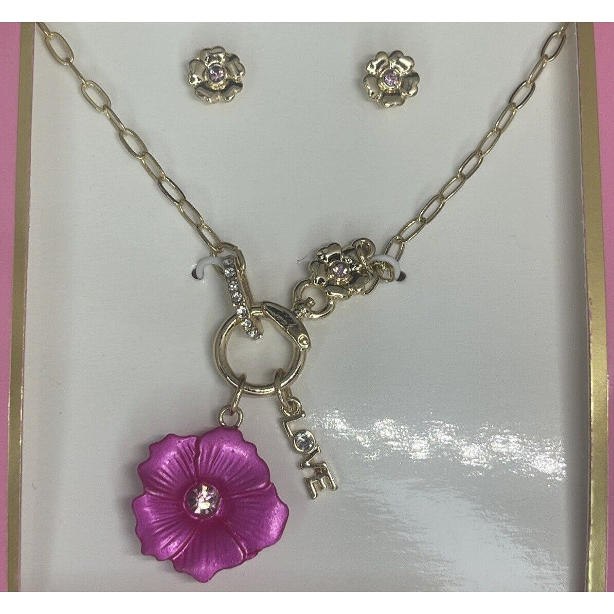 Guess Gold Tone Crystal Necklace Earrings (2pc Set) Floral Trendy Fashion Vday