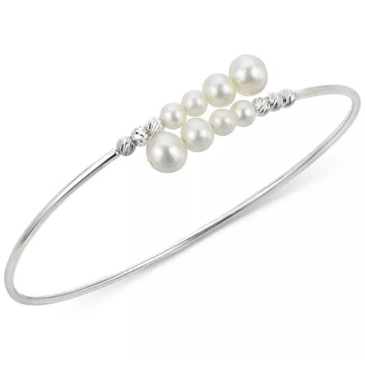 Pearl (4-6mm) Sterling Silver Bangle Bracelet Bypass Luxury Chic Trendy Elegant