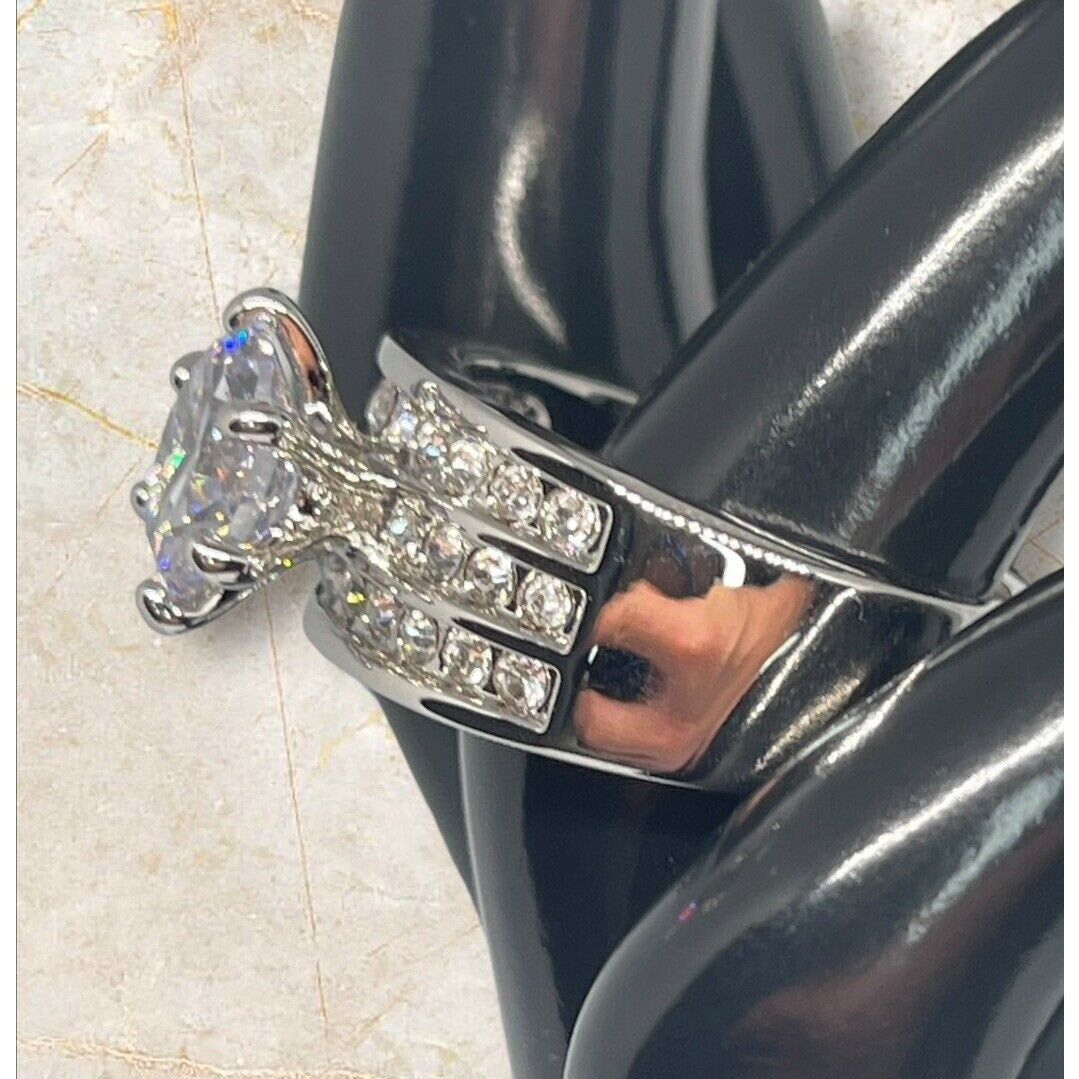 Silver Plated CZ Triple Row Ring (Sz 9) Statement Chic Shiny Trendy Stunning NWT