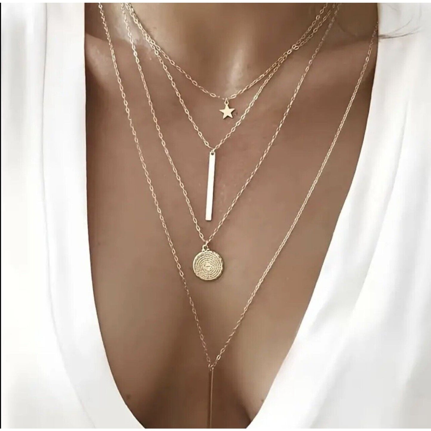 18K Gold Plate Star Disc Pendant Necklace Layered Chic Style Trendy Fashion NWT