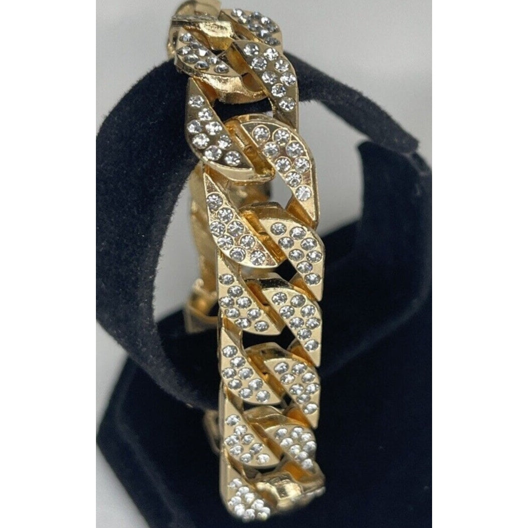 Gold Tone Crystal Chain Bracelet Men's Streetwear 8.5" Fashion Bling Glitz Style