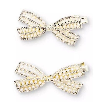 Gold Tone Crystal Faux Pearl Bow Barrette (2pc Set) Hair Clip Stylish Chic NWT