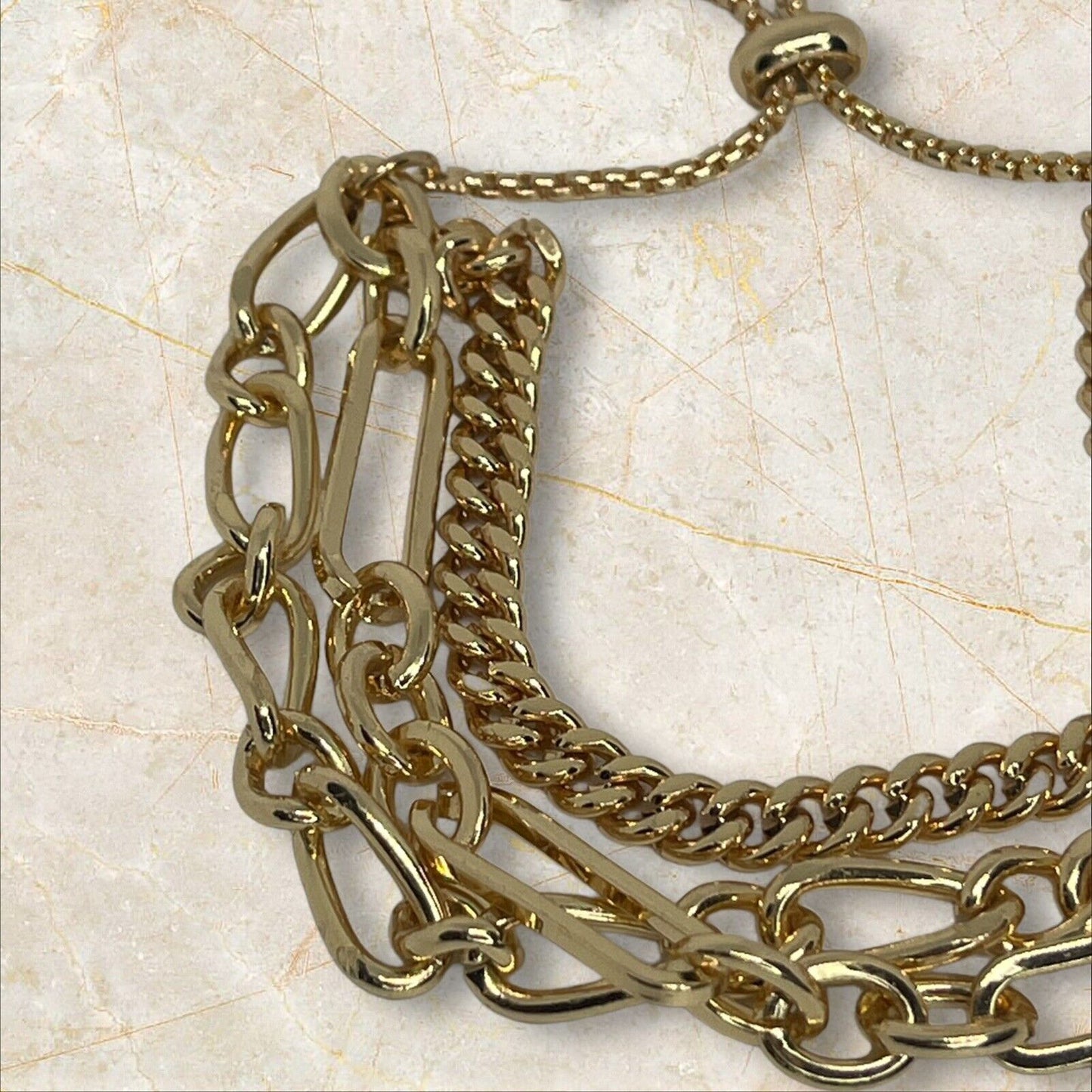 Gold Tone Triple Chain Bolo Bracelet Layered Chic Style Shiny Slider Elegant NWT