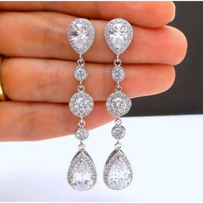 Silver Plated Crystal Teardrop Dangle Earrings Stunning Chic Elegant Fashion NWT