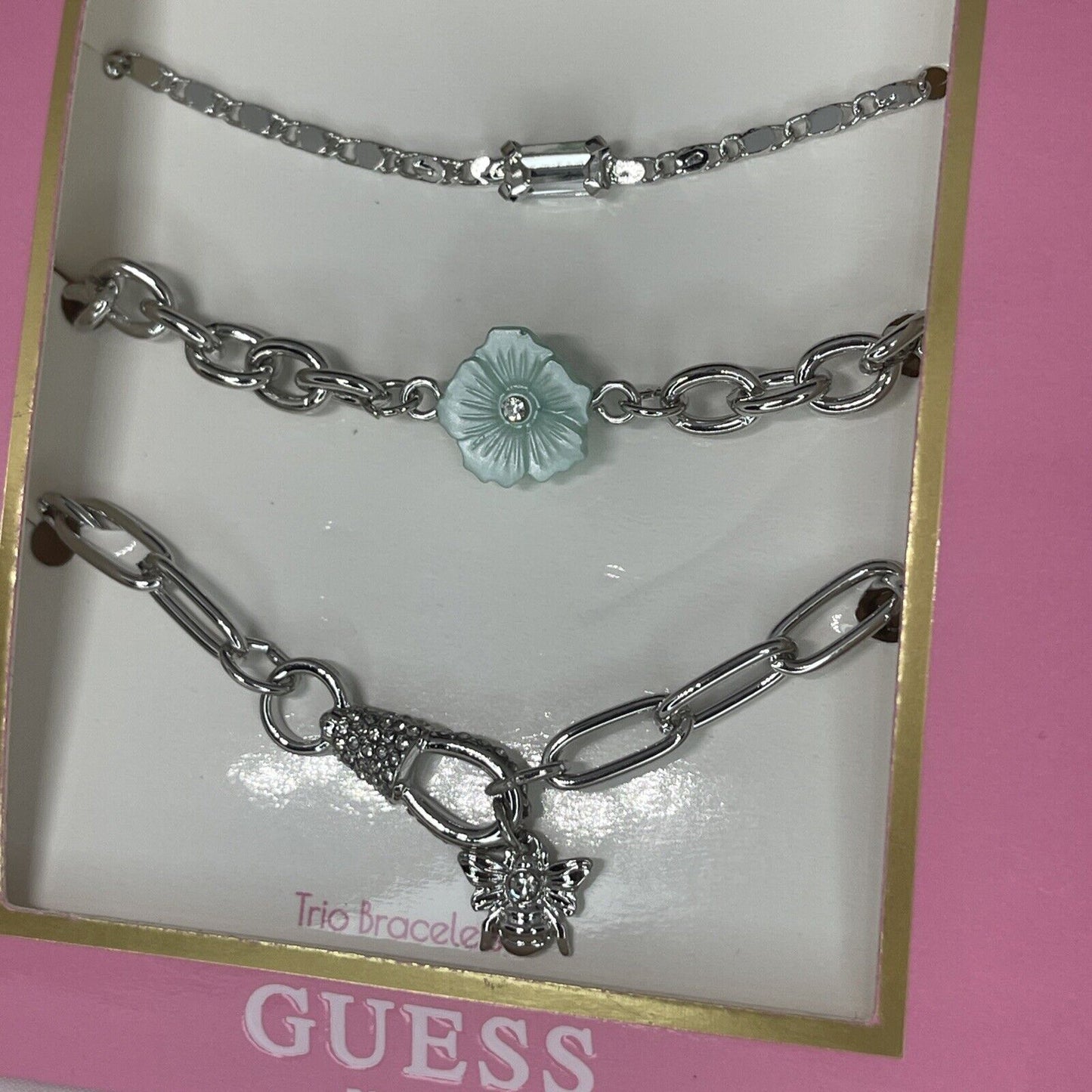 Guess Silver Tone Bracelet (3pc Set) Floral Bee Chic Trendy Fashion Stylish Vday