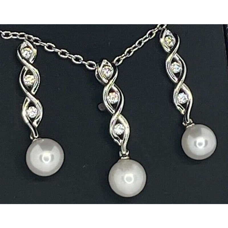 Sterling Silver Pearl (7mm) Necklace Earrings (2pc Set) CZ Trendy Luxury Vday