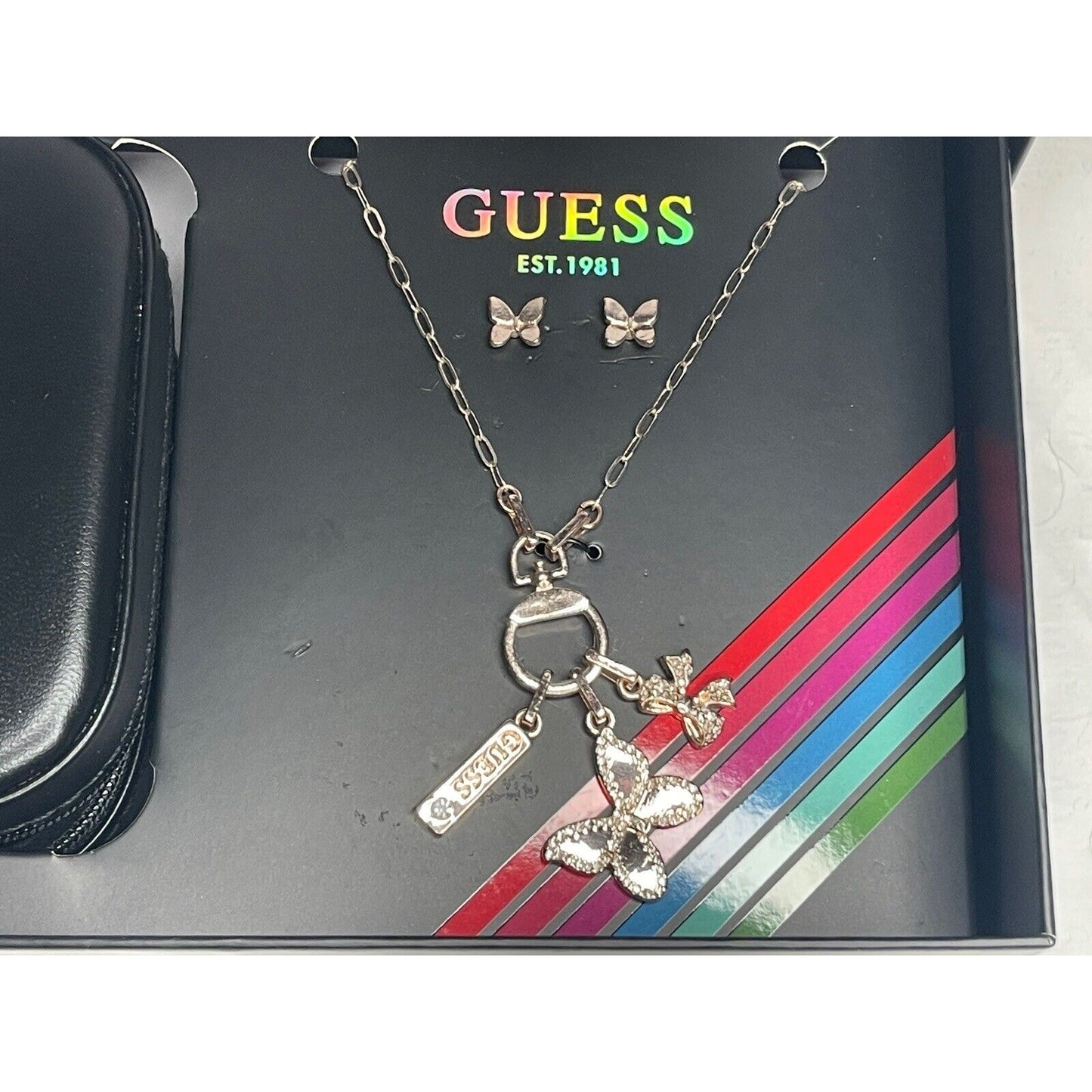 Guess Silver Tone Butterfly Charm Necklace Earrings (3pc Set) Trendy Style Vday