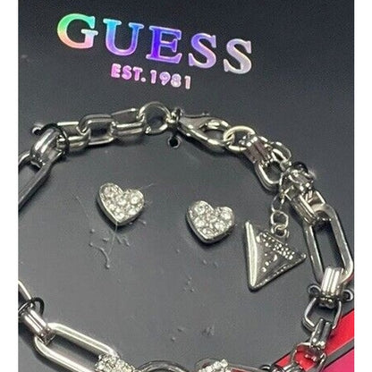 Guess Silver Tone Heart Charm Bracelet Earrings (3pc Set) Fashion Stylish Vday