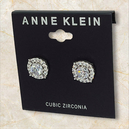 Anne Klein Silver Tone Elevated CZ Stud Earrings Stunning Shiny Glitz Style NWT